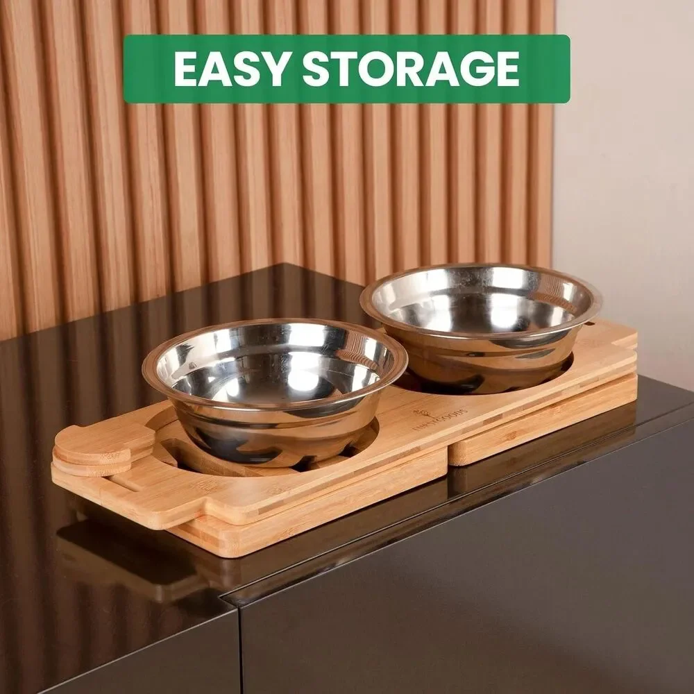 Bamboo Elevated Dog Bowl Stand with Stainless Steel Bowls